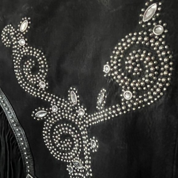 Western Black Leather Shawl with Fringe, Silver Studding and Clear Rhinestones - Picture 4 of 15